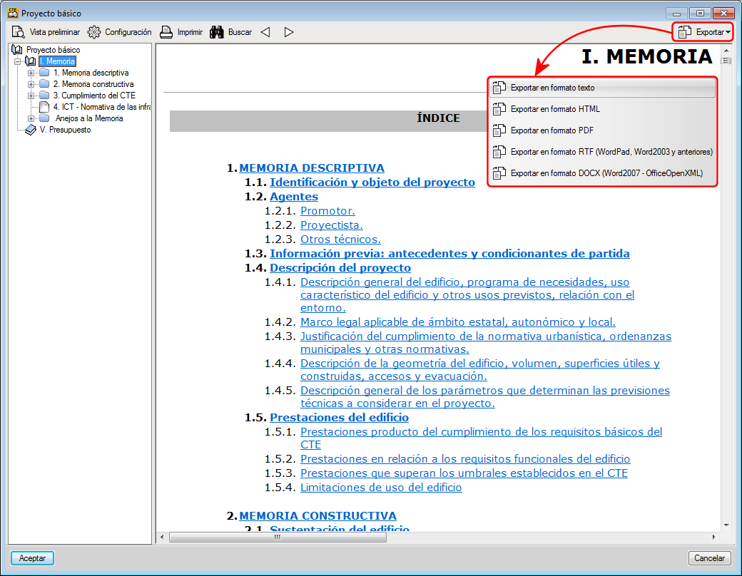 Memorias CTE. Exportar documentos a formatos PDF, HTML, RTF, DOCX y TXT